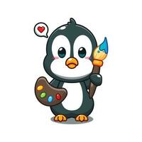 cute penguin painter cartoon vector illustration.