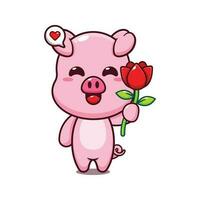 cute pig holding rose flower cartoon vector illustration.