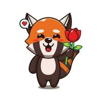 cute red panda holding rose flower cartoon vector illustration.