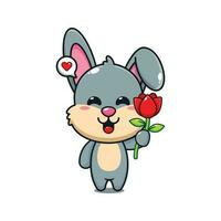 cute rabbit holding rose flower cartoon vector illustration.