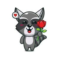 cute raccoon holding rose flower cartoon vector illustration.
