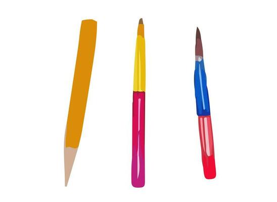 A set of markers, pencils and pens painted in watercolor. Vector illustration for study. Back to school, supplies for classes.