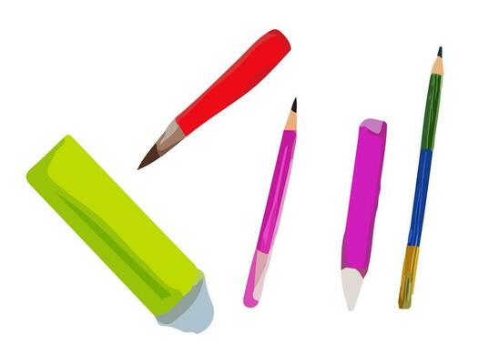 A set of markers, pencils and pens painted in watercolor. Vector illustration for study. Back to school, supplies for classes.
