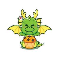 dragon with cup cake cartoon vector illustration.