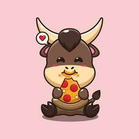 bull eating pizza cartoon vector illustration.