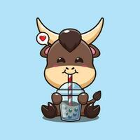 bull drink boba milk tea cartoon vector illustration.