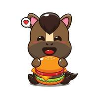 cute horse with burger cartoon vector illustration.