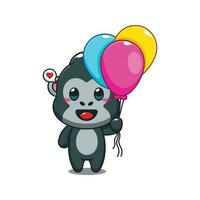 gorilla with balloon cartoon vector illustration.