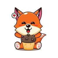 cute fox with cup cake cartoon vector illustration.