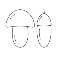 Set of 2 contour drawing seasonal fruits Mushroom and Acorn. Coloring book. Thanksgiving day. Vector