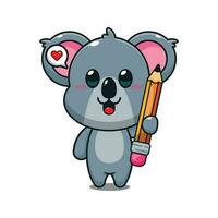 cute koala holding pencil cartoon vector illustration.