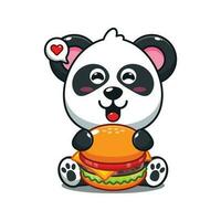 cute panda with burger cartoon vector illustration.