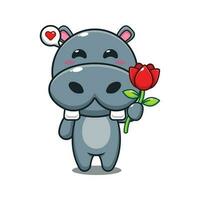 hippo holding rose flower cartoon vector illustration.