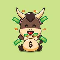 bull with money bag cartoon vector illustration.