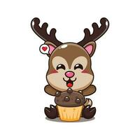 deer with cup cake cartoon vector illustration.