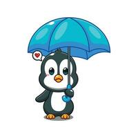 cute penguin holding umbrella cartoon vector illustration.