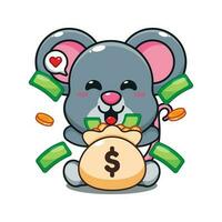 cute mouse with money bag cartoon vector illustration.