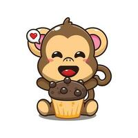 cute monkey with cup cake cartoon vector illustration.