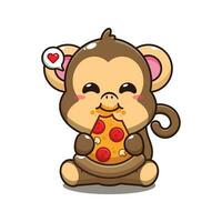 cute monkey eating pizza cartoon vector illustration.