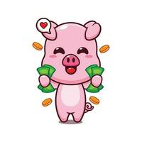 cute pig holding money cartoon vector illustration.