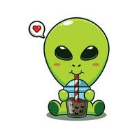 cute alien drink boba milk tea cartoon vector illustration.