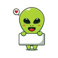 cute alien holding greeting banner cartoon vector illustration.