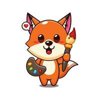 cute fox painter cartoon vector illustration.
