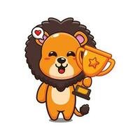 cute lion holding gold trophy cup cartoon vector illustration.