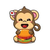 cute monkey with burger cartoon vector illustration.