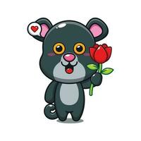 cute panther holding rose flower cartoon vector illustration.