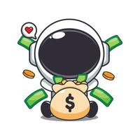 linda astronauta con dinero bolso dibujos animados vector ilustración.