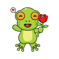 cute frog holding rose flower cartoon vector illustration.