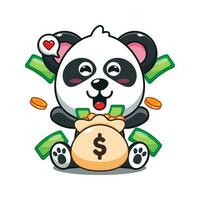 linda panda con dinero bolso dibujos animados vector ilustración.