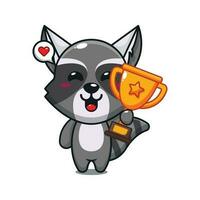 cute raccoon holding gold trophy cup cartoon vector illustration.