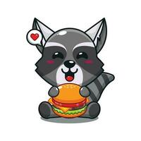 cute raccoon with burger cartoon vector illustration.