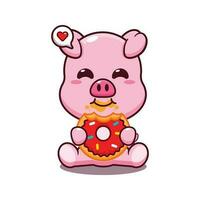 linda cerdo comiendo rosquilla dibujos animados vector ilustración.