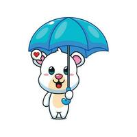 cute polar bear holding umbrella cartoon vector illustration.