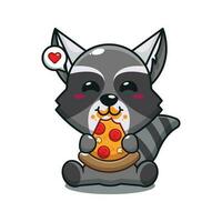 cute raccoon eating pizza cartoon vector illustration.