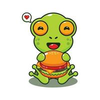 cute frog with burger cartoon vector illustration.