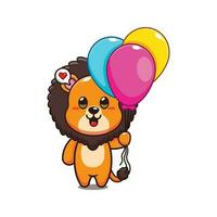 cute lion with balloon cartoon vector illustration.