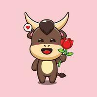 bull holding rose flower cartoon vector illustration.