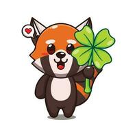 cute red panda with clover leaf cartoon vector illustration.