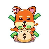 linda shiba inu con dinero bolso dibujos animados vector ilustración.