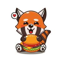 cute red panda with burger cartoon vector illustration.