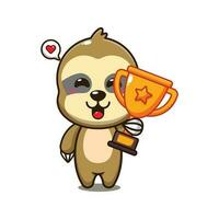 cute sloth holding gold trophy cup cartoon vector illustration.