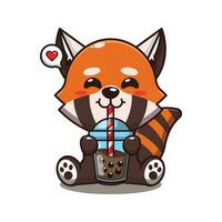 cute red panda drink boba milk tea cartoon vector illustration.