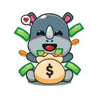 cute rhino with money bag cartoon vector illustration.