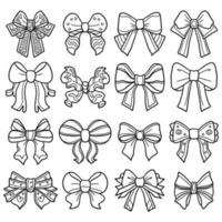 Vector set of bows. Coloring book for children and adults. Ribbon doodle in black thick line collection.