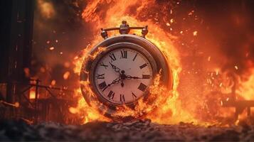 reloj en fuego, reloj cara consumado como hora quemaduras lejos. generativo ai. foto
