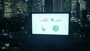 computadora pantalla escritorio demostración negocio datos cartas diagramas en ciudad oficina a noche video